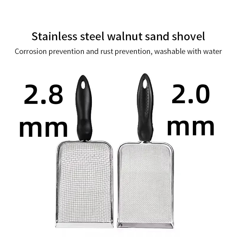 Two stainless steel sifting scoops with 2.8mm and 2.0mm mesh, black handles