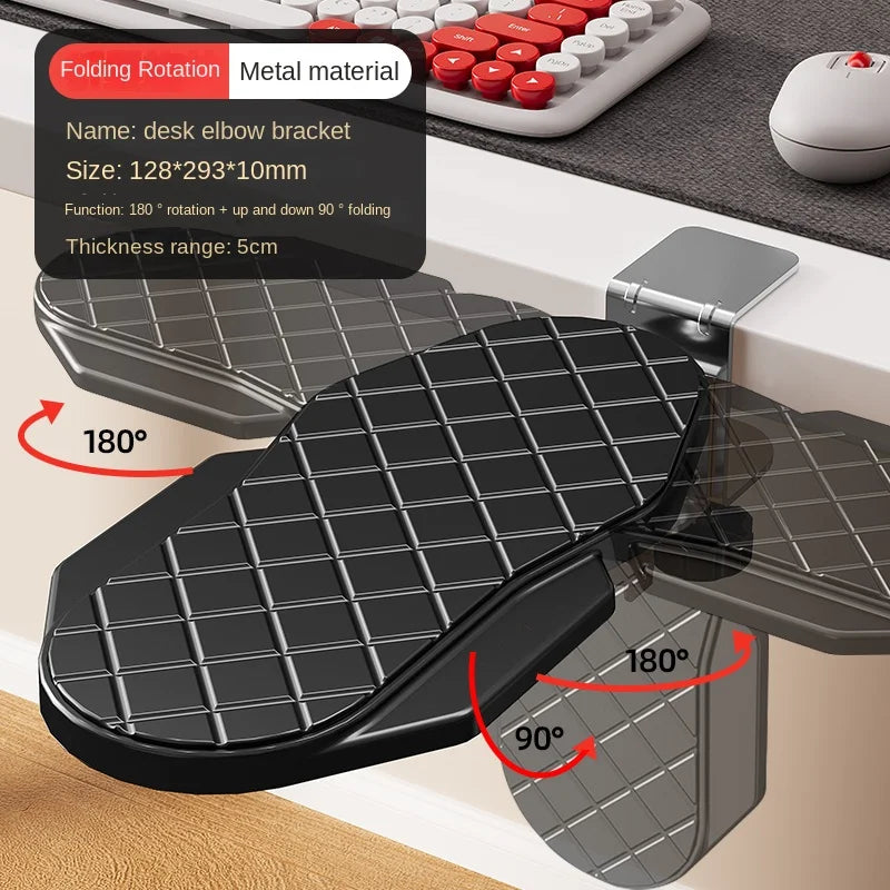 Black rotating desk wrist rest extender, folded and angled for 180° use