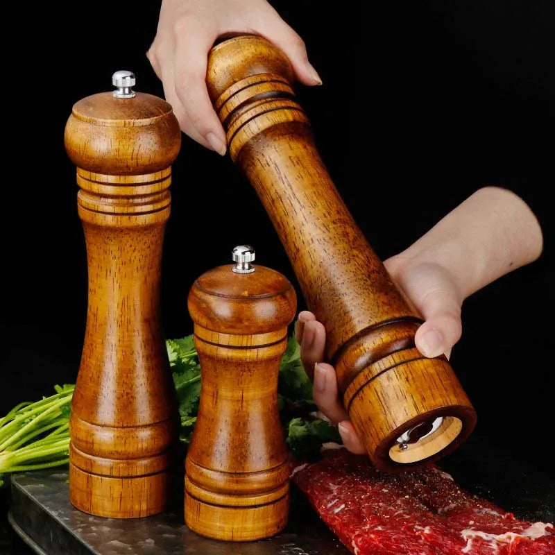 Oak wood pepper mill set, handheld grinders with ceramic core, three pieces