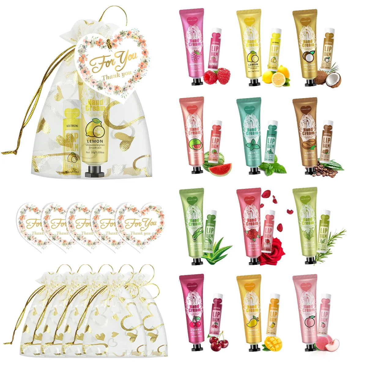 Hand cream & lip balm gift set with drawstring net bag and assorted mini tubes