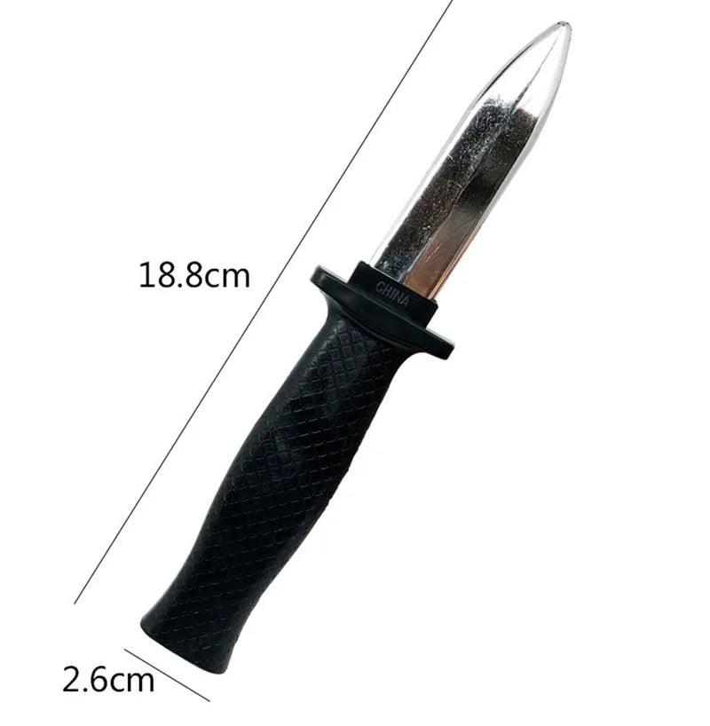 Novelty spring knife toy with black handle and shiny silver blade, 18.8 cm long.