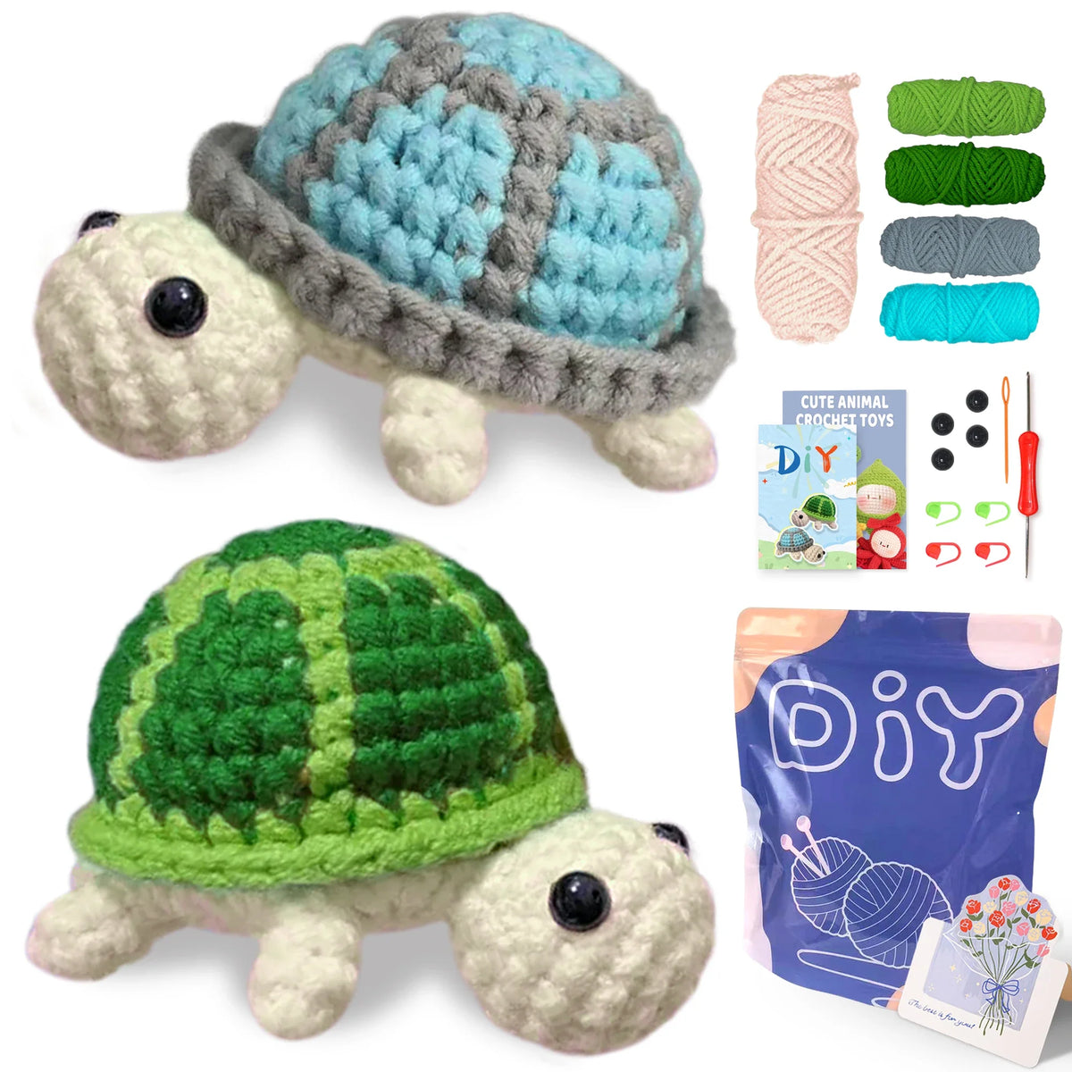 Crochet animal toy kit with blue-gray and green turtle plush, yarn balls, and kit