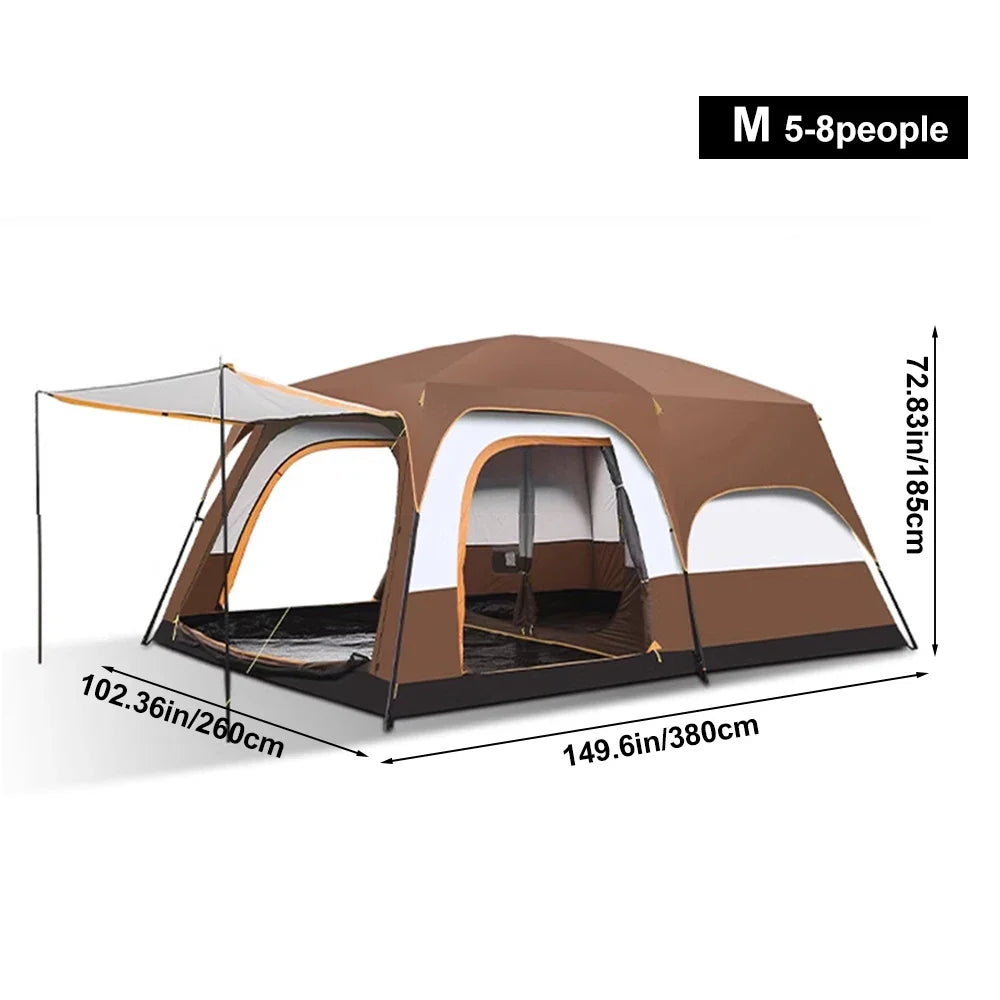 5–8 person camping tent, brown roof and beige panels, arched door, side profile