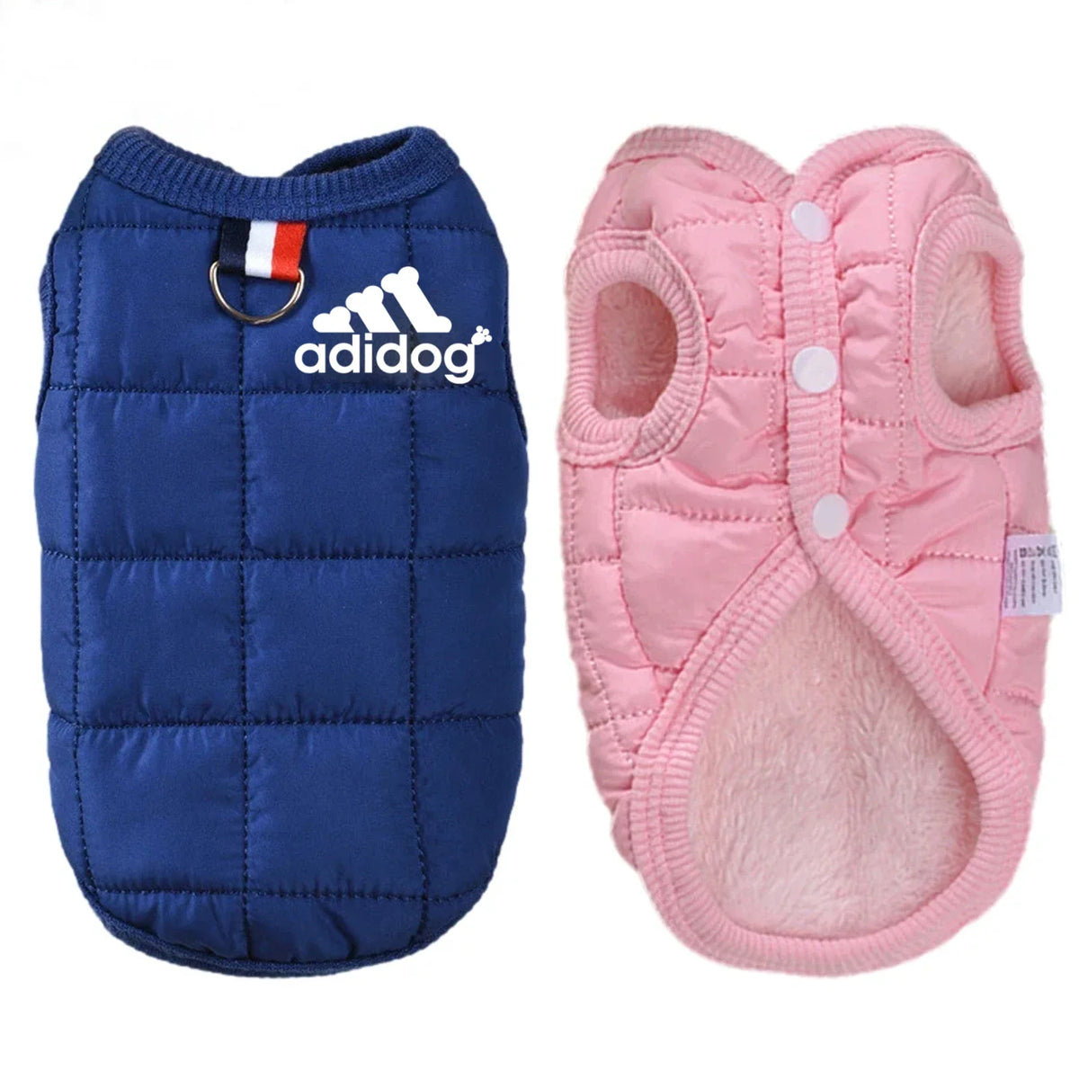 Blue puffer dog hoodie coat with hood, front ring, and adidog logo