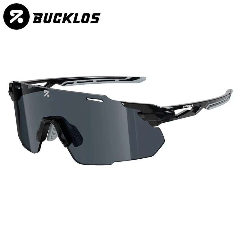 Cycling goggles with black frame and dark smoke mirrored lens