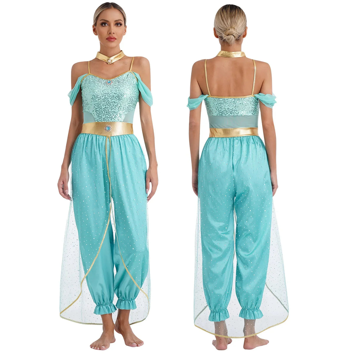 Turquoise sequined off-shoulder belly dancer costume shown from front and back