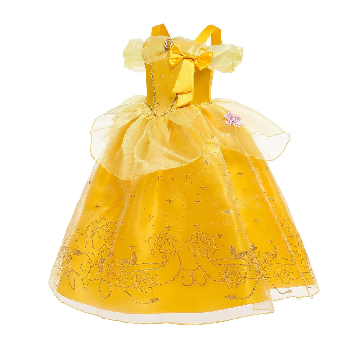 Yellow princess cosplay dress for kids with puff sleeves, bow at waist, and layered tulle skirt