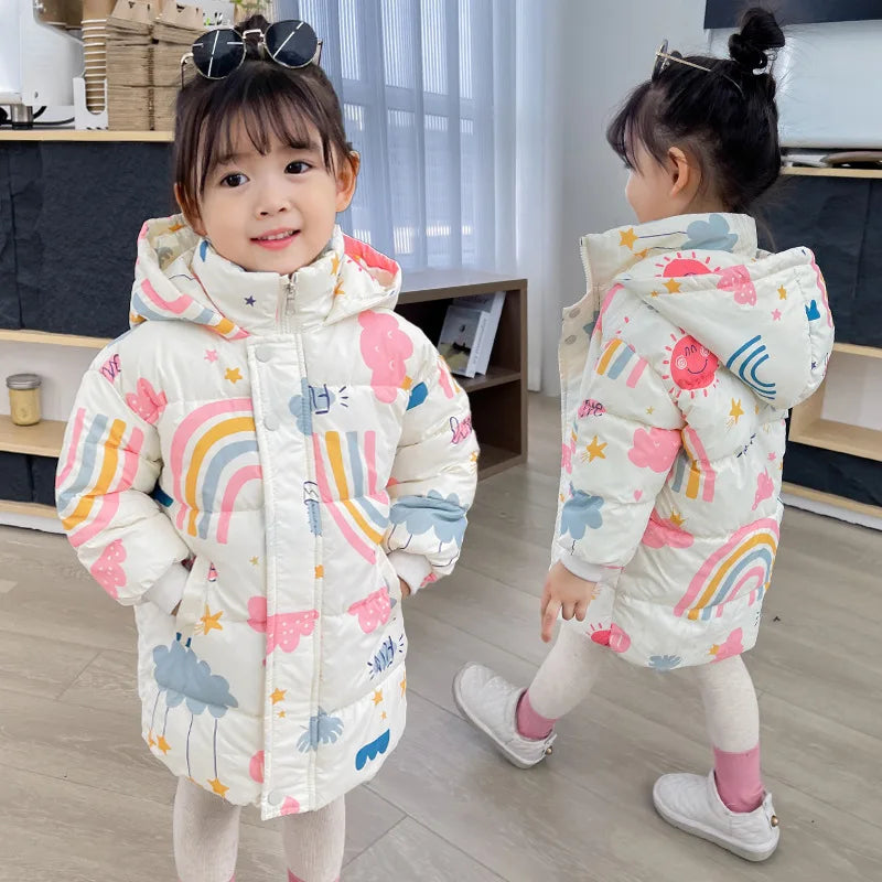 Kids hooded puffer jacket, cream with colorful rainbow and animal print, full front zip