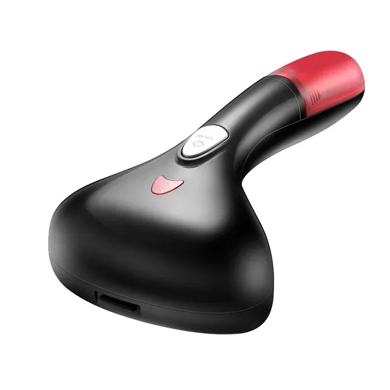 Handheld fabric steamer in black with red power indicator button