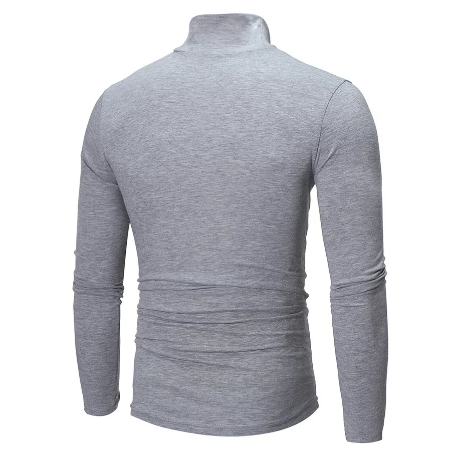 Men's slim-fit thermal shirt, light gray, high neck, long sleeves, back view