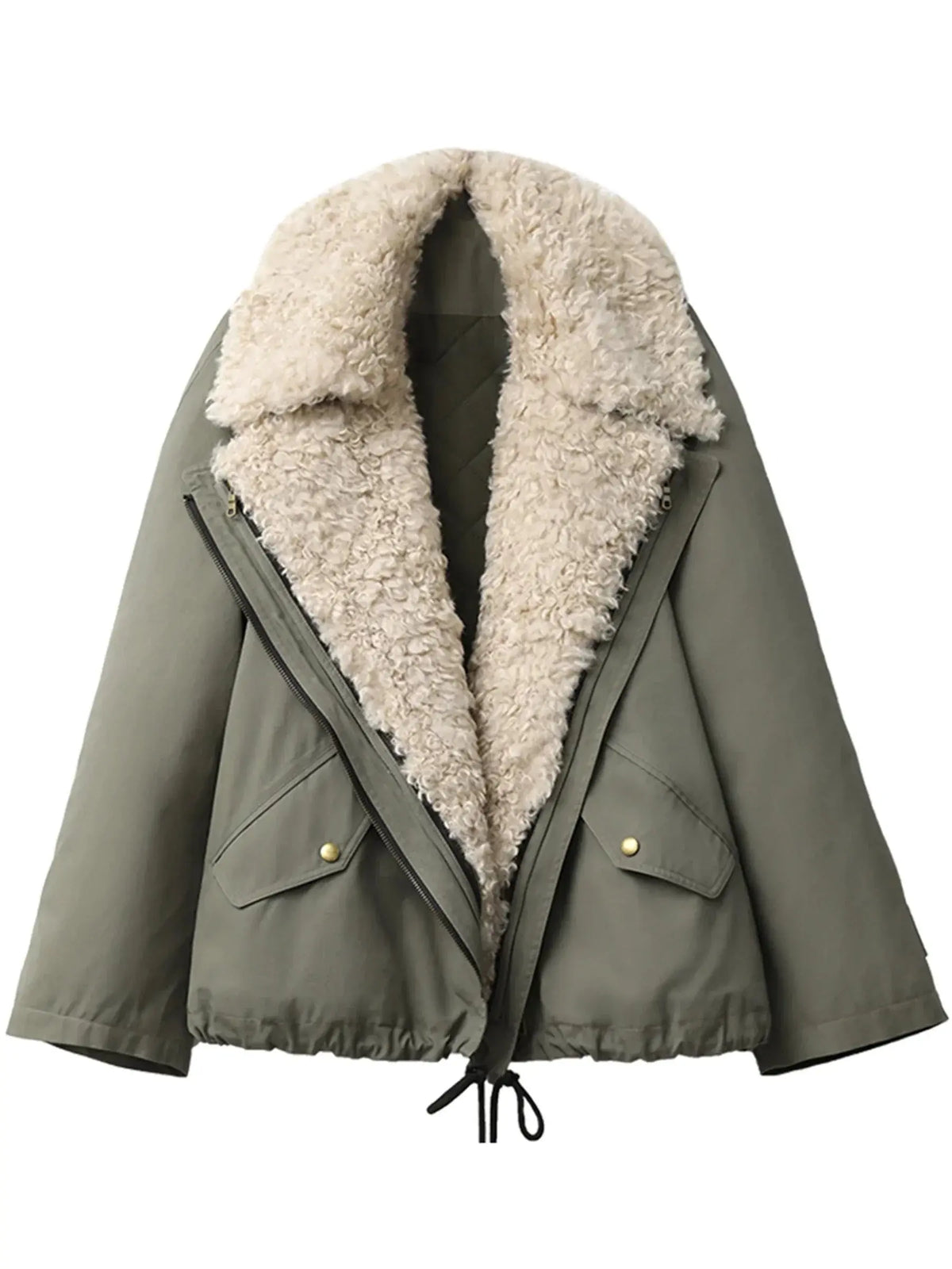 Dark green women’s jacket with cream sherpa-lined hood and drawstring waist