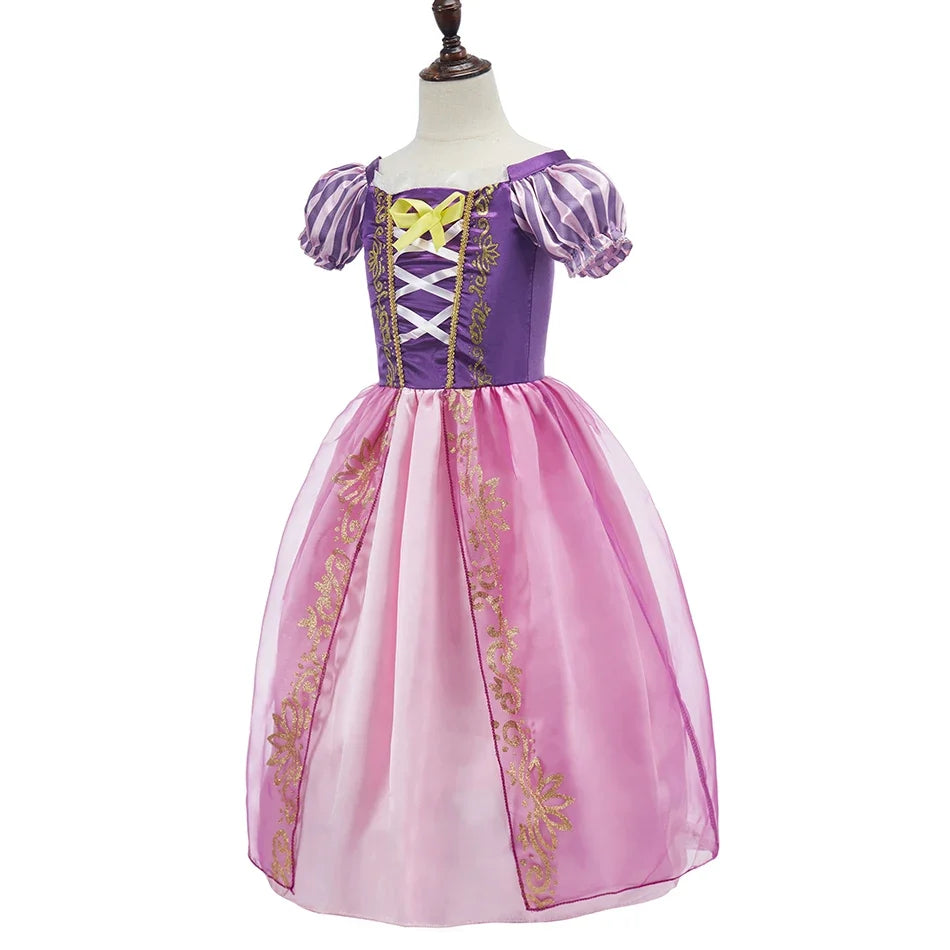 Kids princess cosplay dress, purple bodice and pink skirt with puff sleeves and lace front