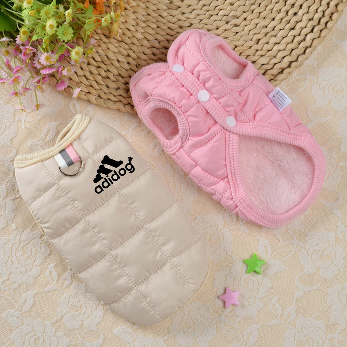 Pink and cream puffer dog hoodies with hood and front ring closures