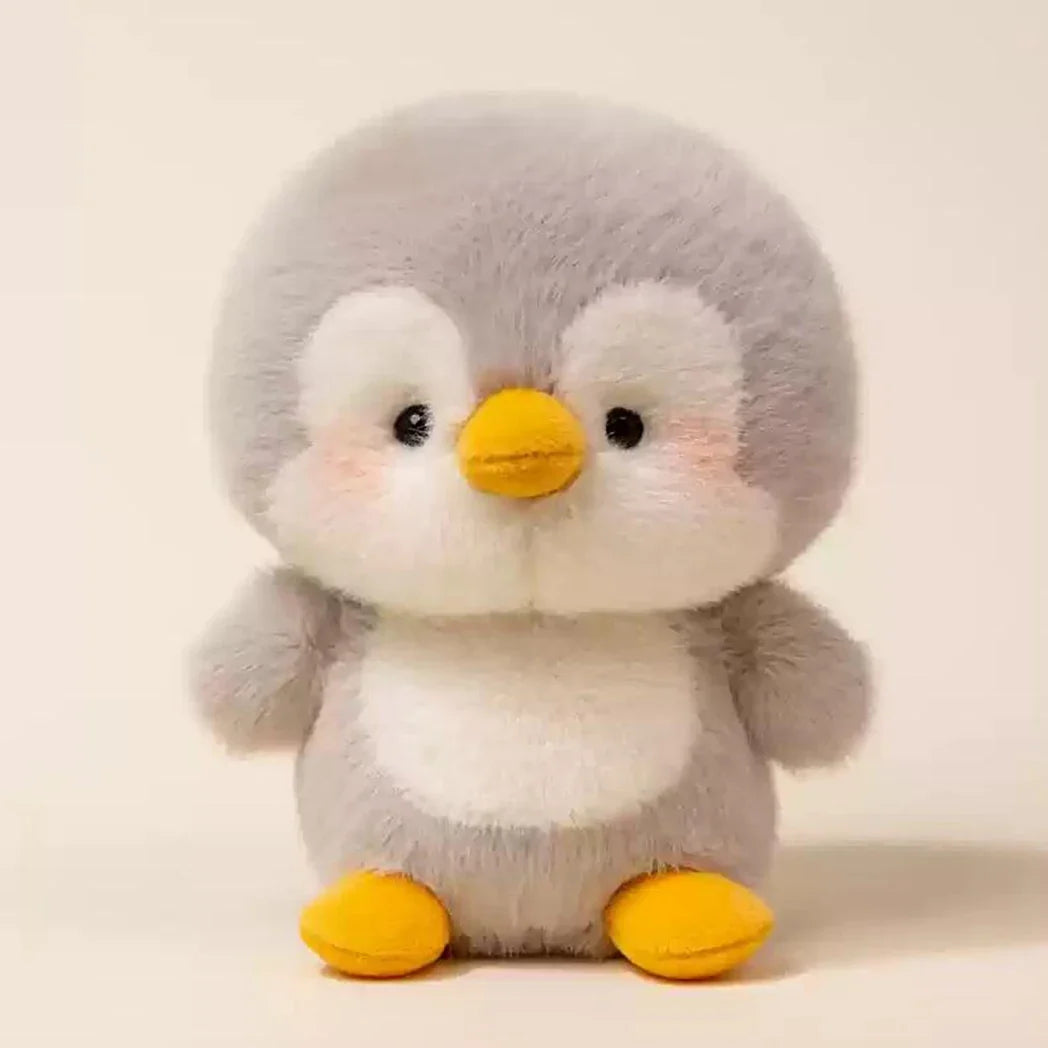 15cm plush animal toy penguin with gray body, white chest, and yellow beak.