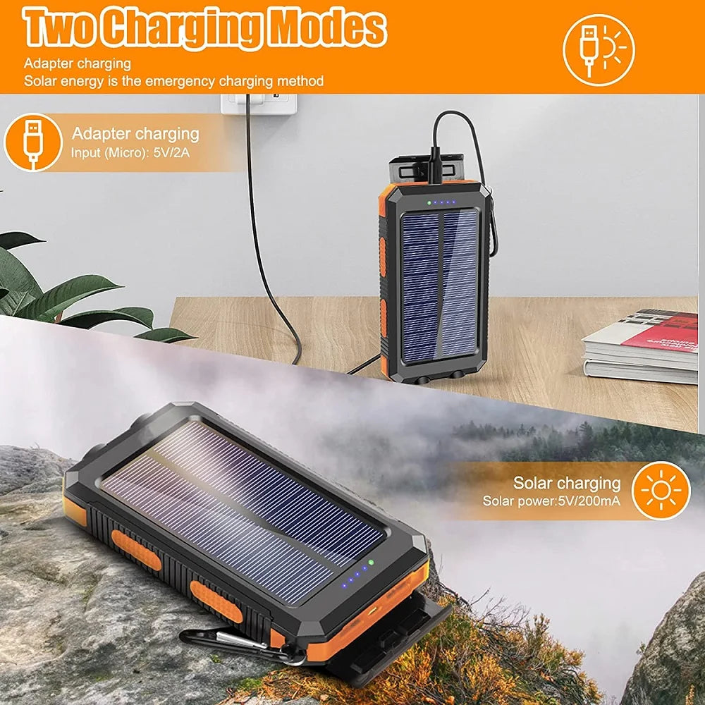 Solar power bank with fold-out charging support and LED status panel, dark with purple solar