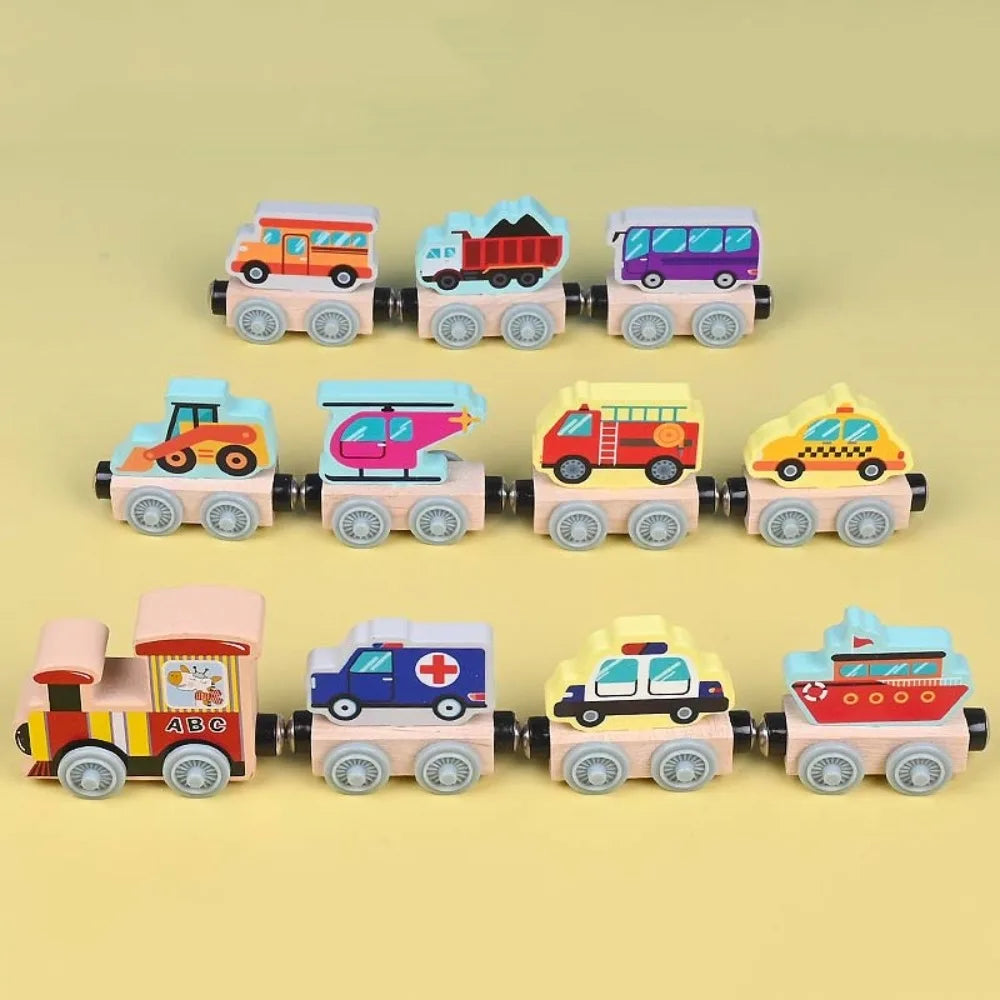 Wooden magnetic train set with colorful traffic vehicle block cars, including bus, ambulance, and fire truck