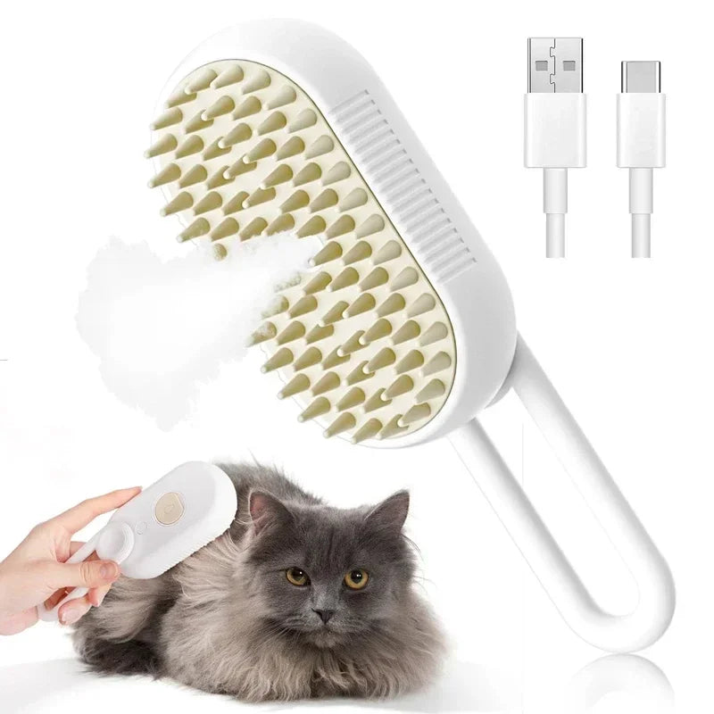 Electric pet steam grooming brush with white handle and comb bristles, USB cable