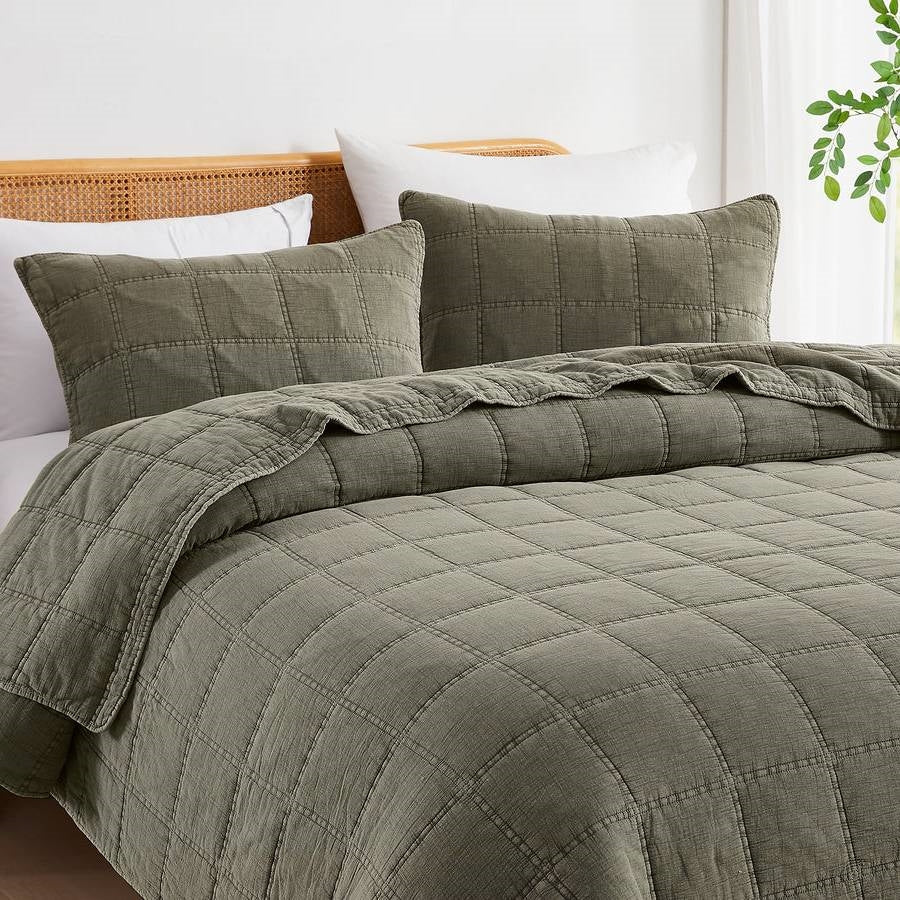 Stone-washed sage green quilt set with quilt and square pillow shams