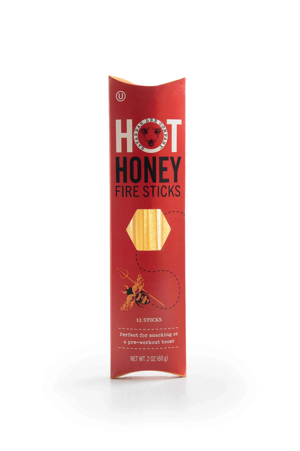 Red box of hot honey fire sticks with 12-stick count and honeycomb emblem