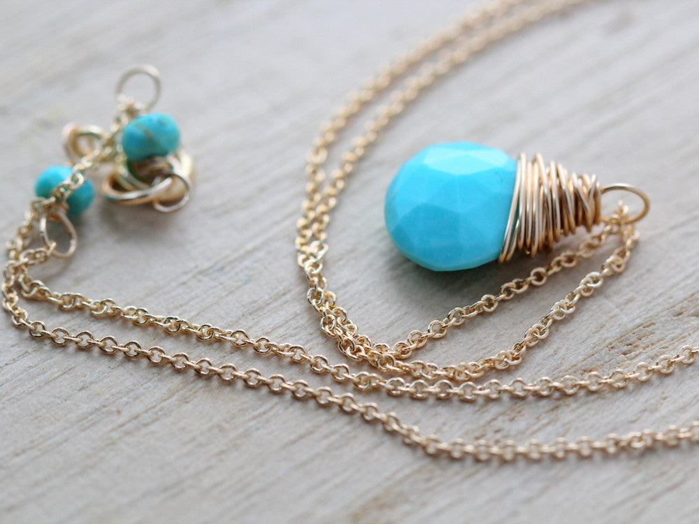 Turquoise solitaire pendant necklace set showing gold-tone chain and teardrop charm
