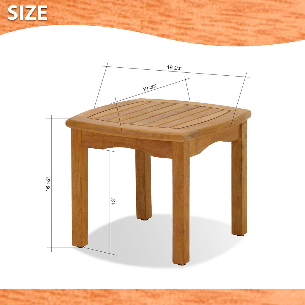 Square teak side table with slatted top, tapered legs, size chart overlay