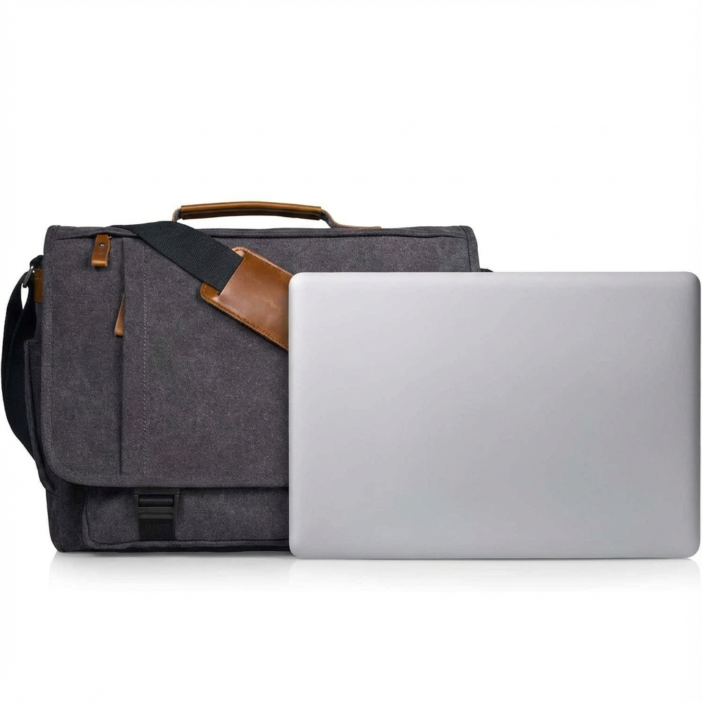 Gray canvas messenger bag with laptop inside and brown leather diagonal strap