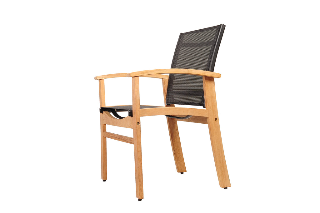 Teak armchair with black mesh back and seat, wooden arm frame