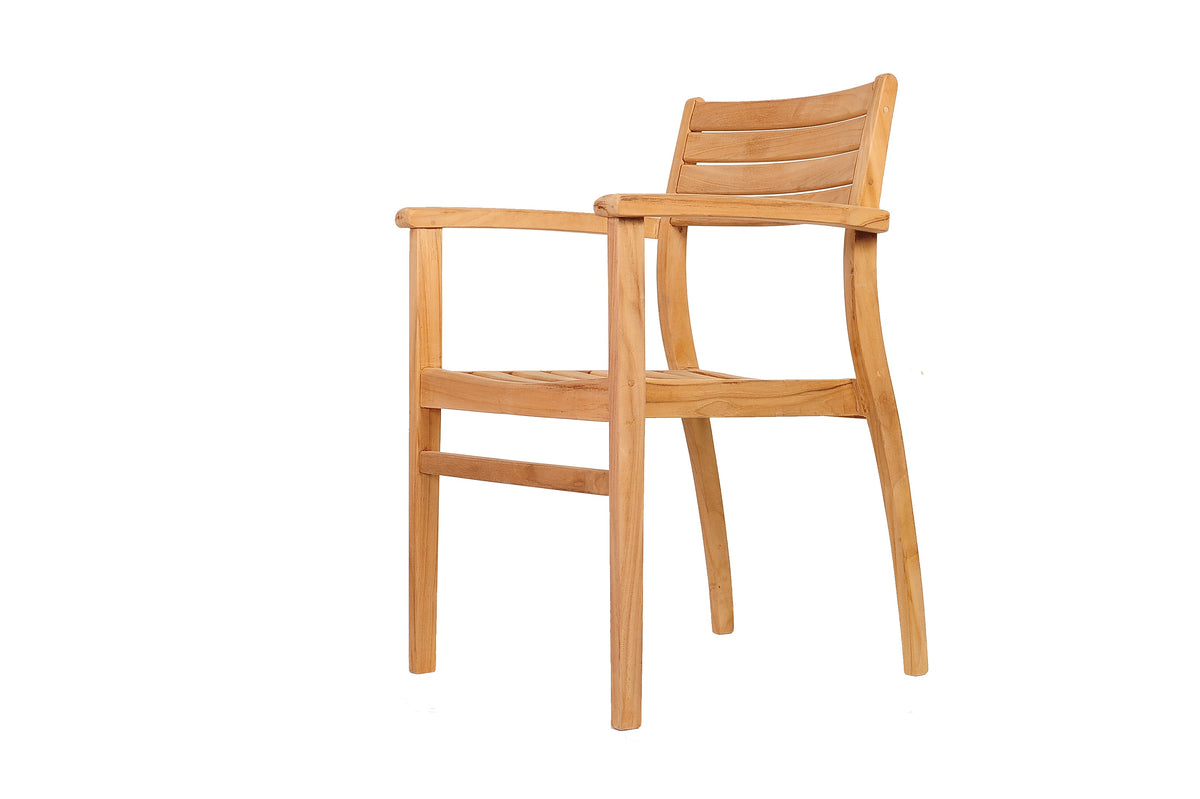 Teak armchair with curved armrests, slatted back, and straight legs