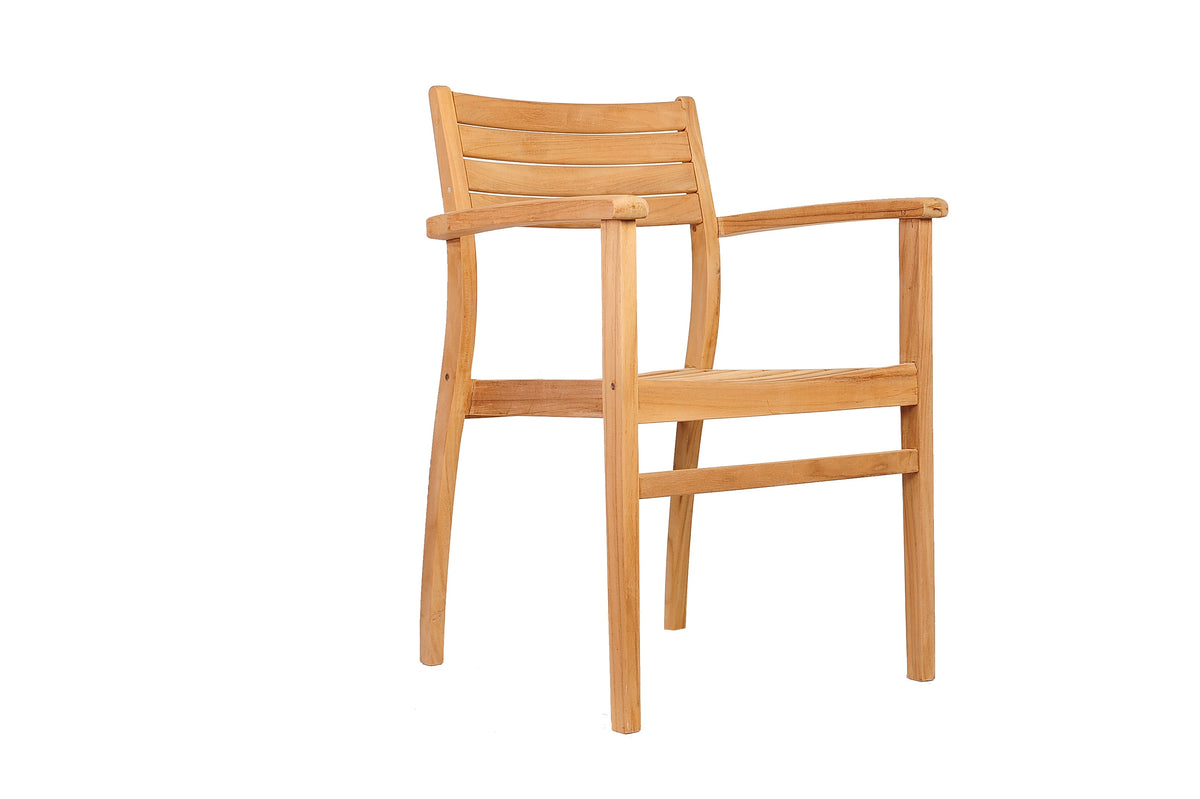Teak armchair with slatted backrest and seat, curved arms, and four legs