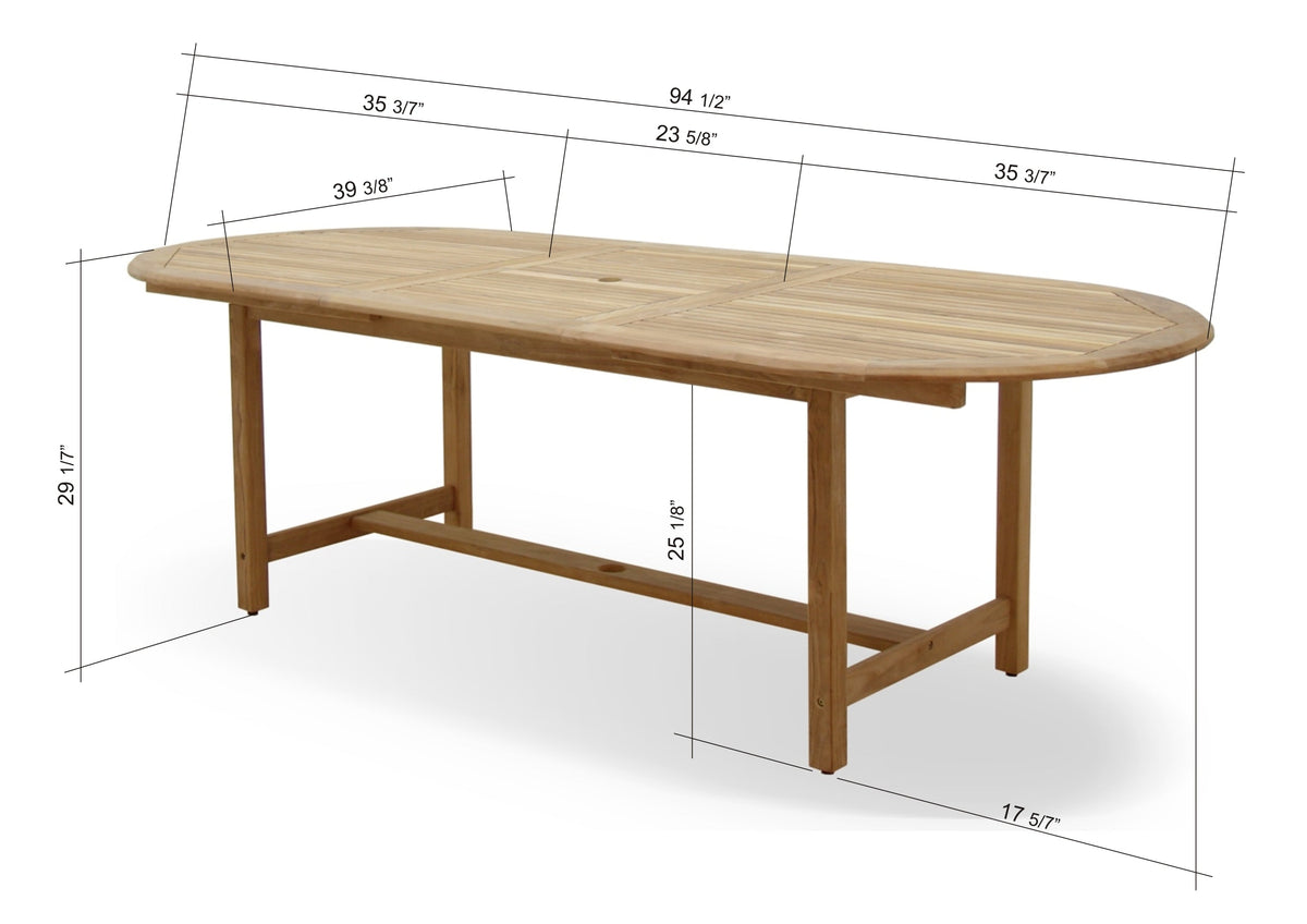 Extendable teak dining table diagram with slatted top and support frame