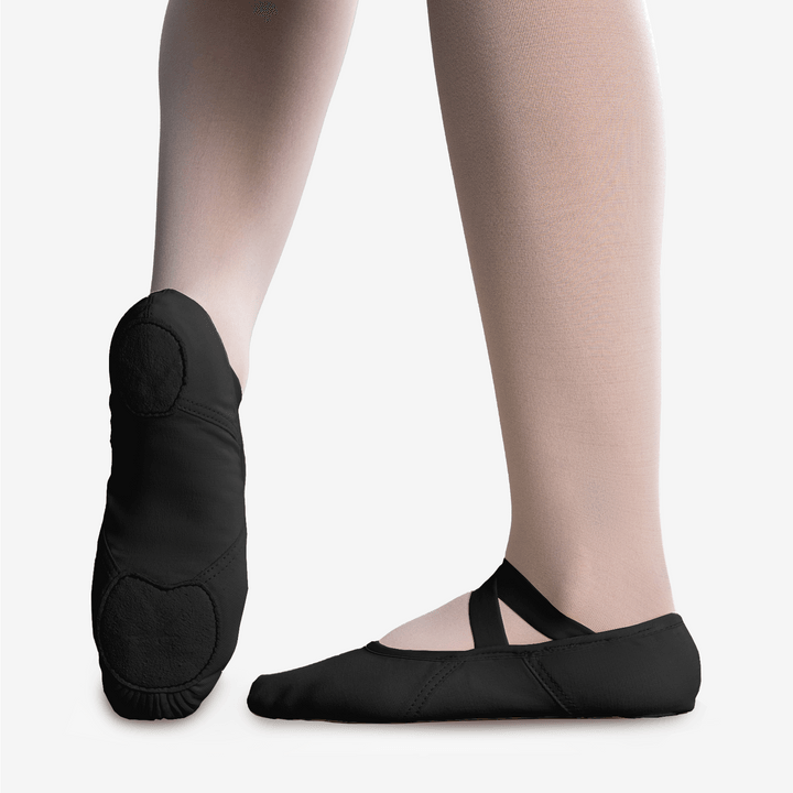 Adult black canvas ballet shoes with stretch arch strap and elastic wrap