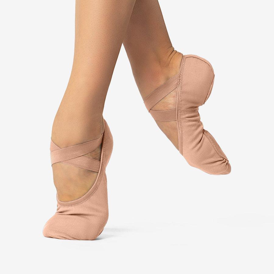 Adult sand stretch canvas ballet shoes with elastic insert and wraparound heel