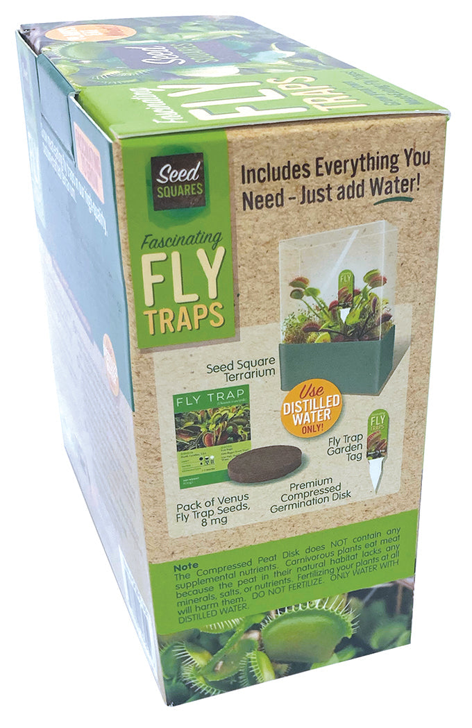 Venus flytrap terrarium kit box showing included seeds, growing medium, and tray