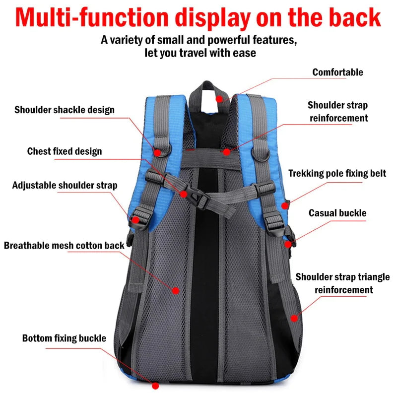 40L travel backpack with black body and blue straps, detailed view of back support webbing