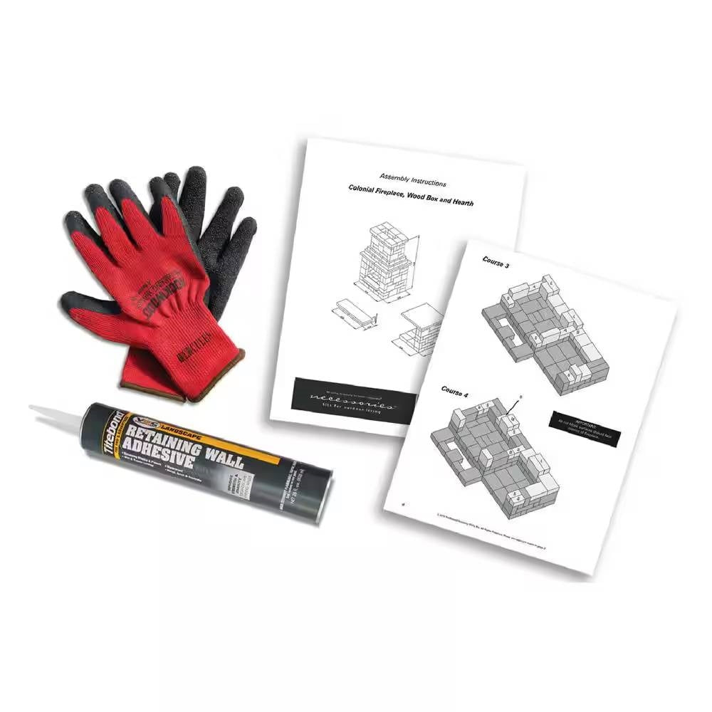 Fire pit kit accessories: red gloves, adhesive tube, and instruction sheets