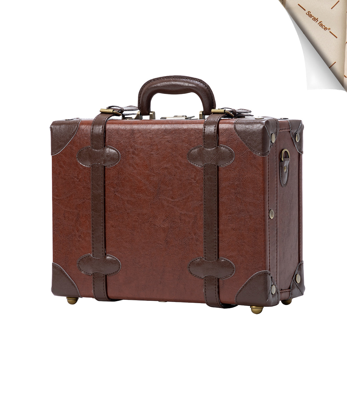 Caramel brown leather briefcase with top handle and front strap details