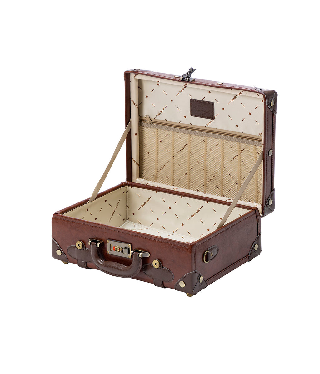 Caramel brown briefcase open to padded interior with latch and handle