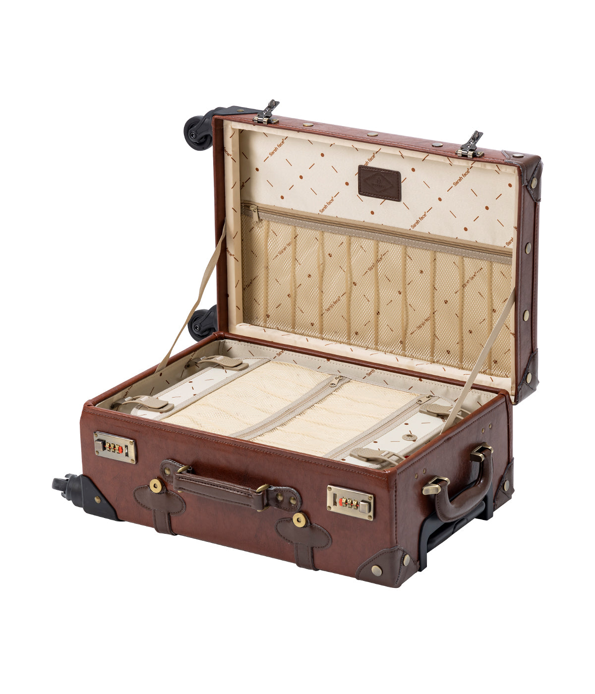 Caramel brown carry-on suitcase open to reveal padded interior and storage compartments