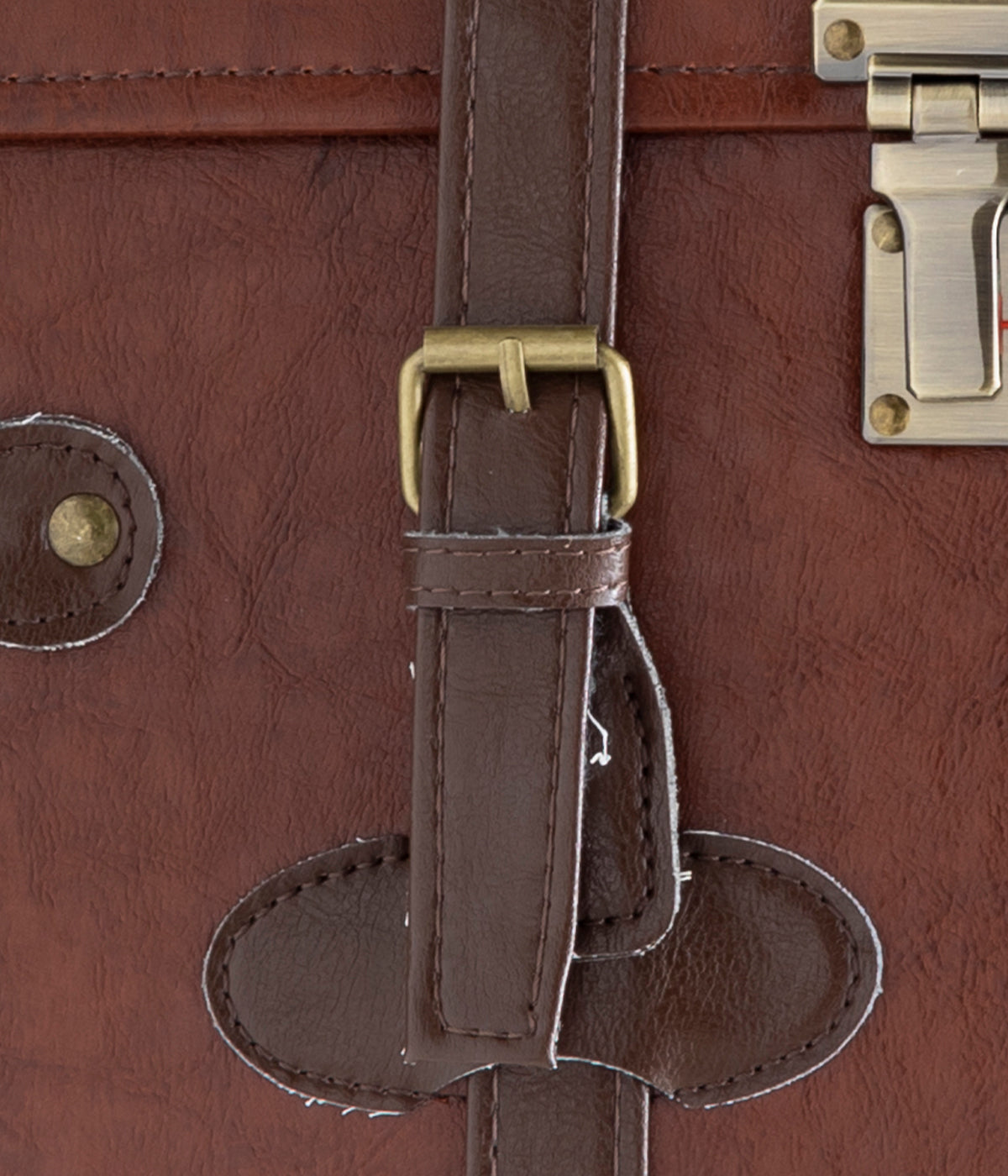 Brown suitcase front latch with leather loop strap and metal mounting piece