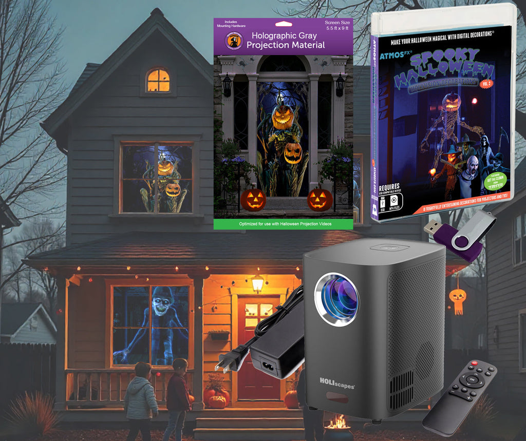 Halloween projector kit with gray projector, projection screen, and accessory items