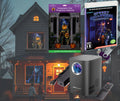Halloween projector kit with gray projector, projection screen, and accessory items