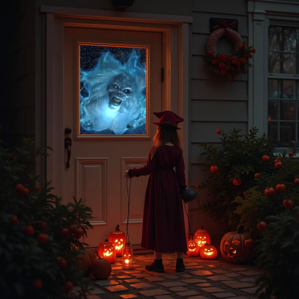 Outdoor Halloween doorway projection showing a blue monster face on a screen