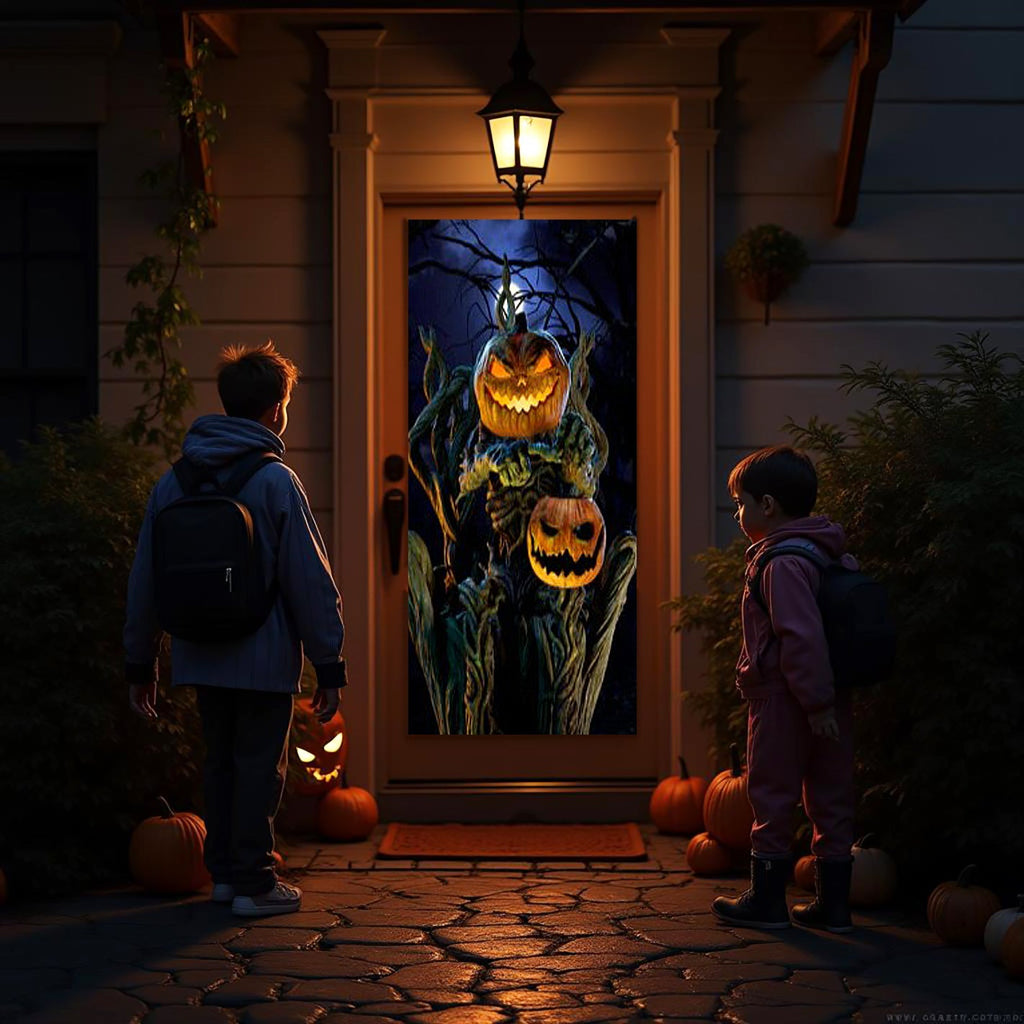 Outdoor Halloween doorway projection featuring a glowing jack-o-lantern and dark trees