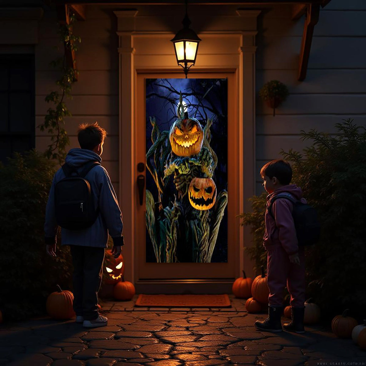 Outdoor Halloween doorway projection featuring a glowing jack-o-lantern and dark trees