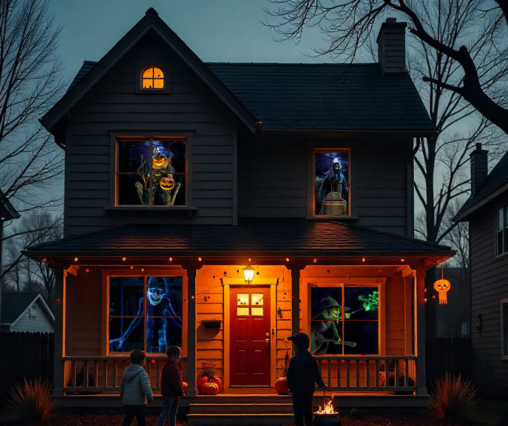 House exterior with glowing Halloween window projections and porch area lighting