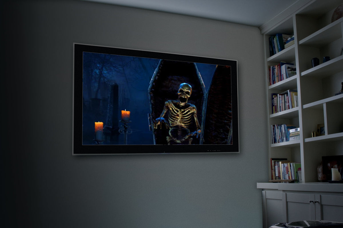 Indoor wall projector screen showing a blue skeleton portrait in a dark scene