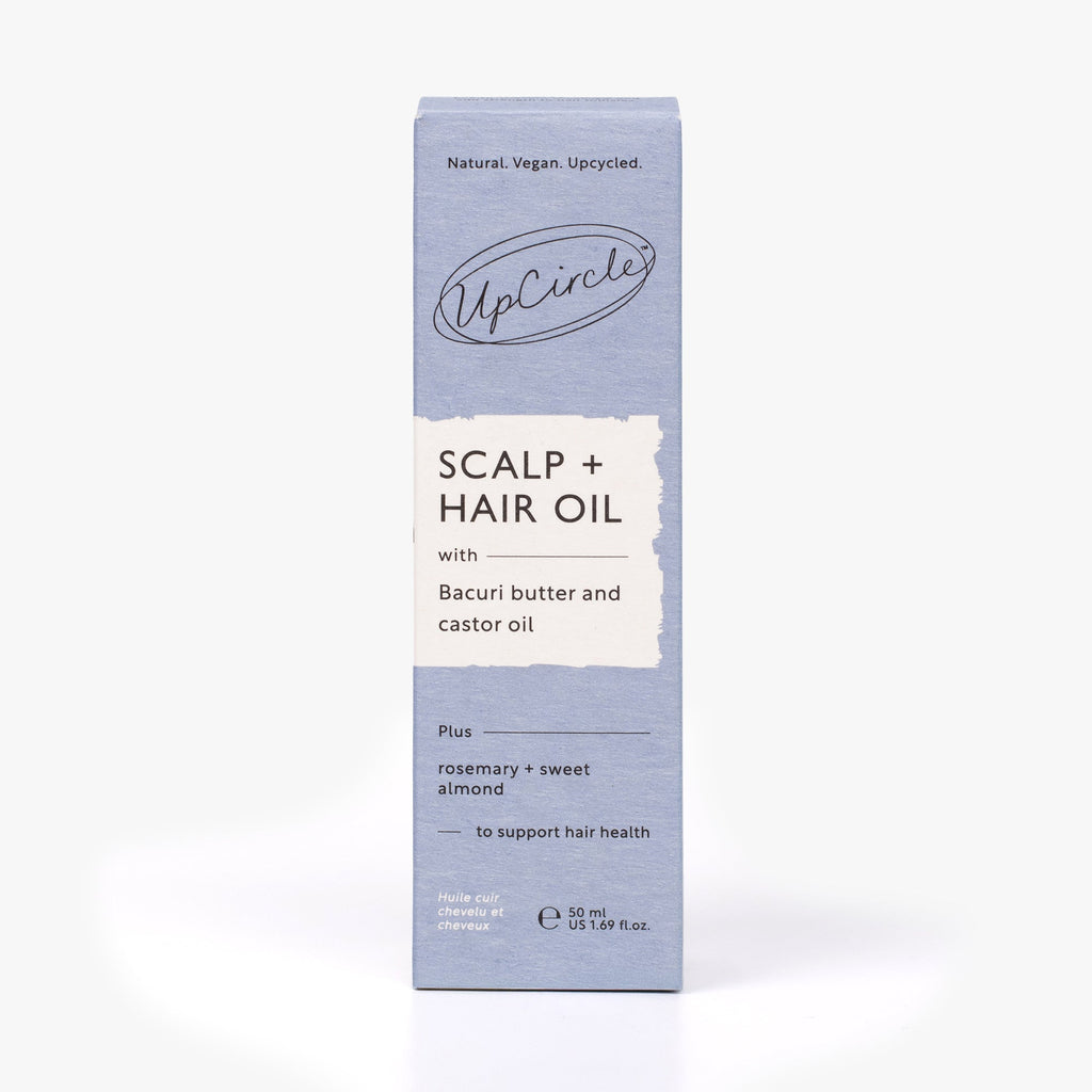 Scalp and hair oil carton box in light lavender with product label