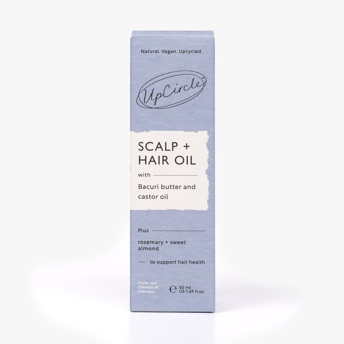 Scalp and hair oil carton box in light lavender with product label