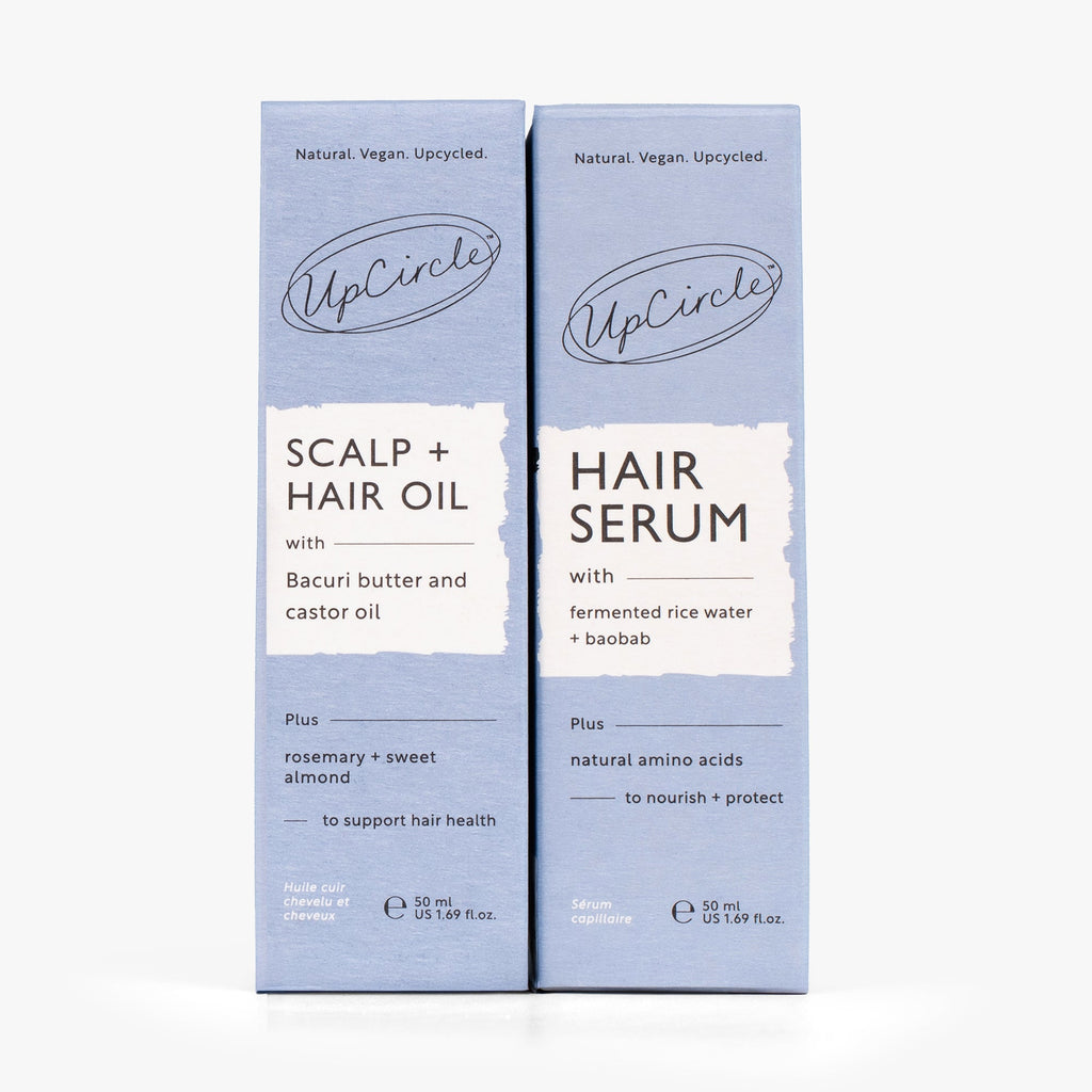 Hair oil and hair serum boxed set with natural vegan and light blue designs