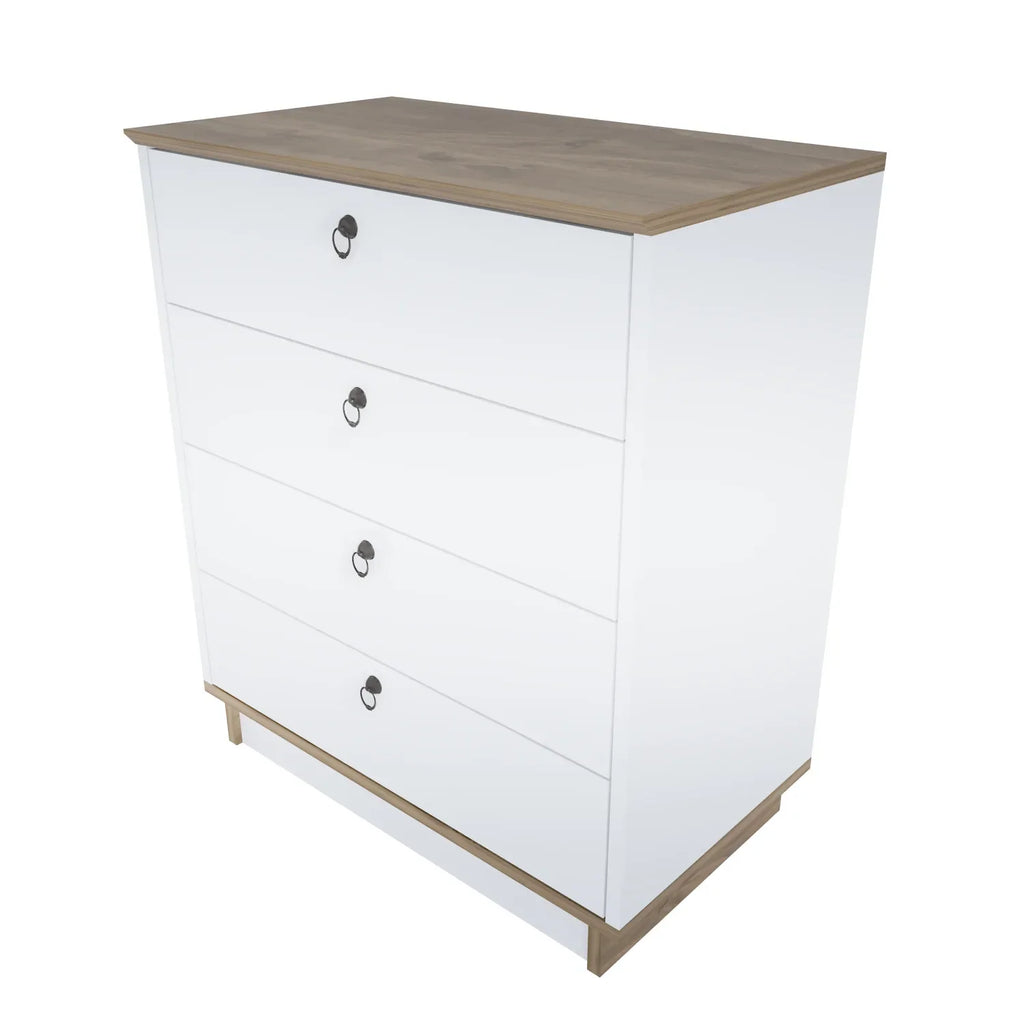 White modern dresser with wood top and black oval handles, angled side